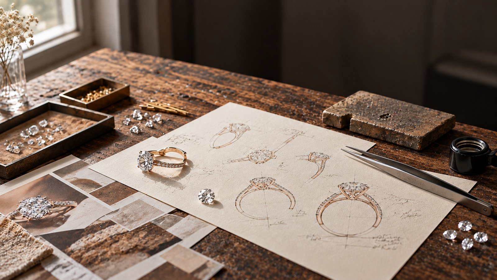 Ring design sketches with loose diamonds and finished rings
