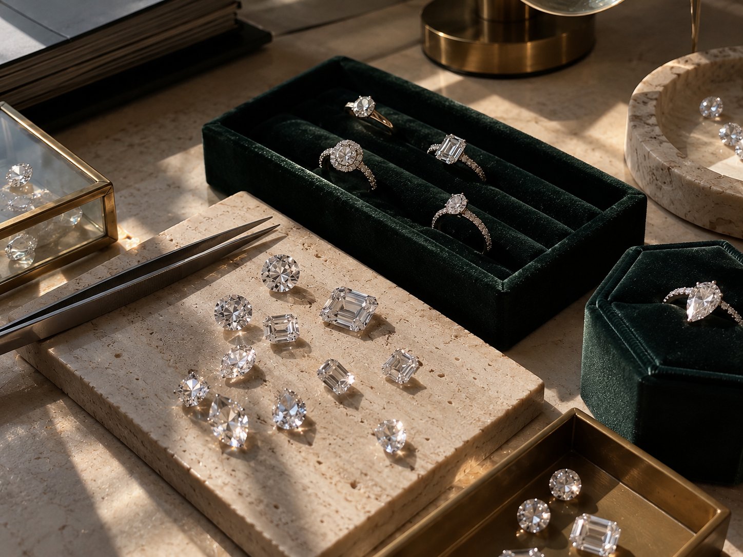 Diamond rings on a velvet tray with loose stones