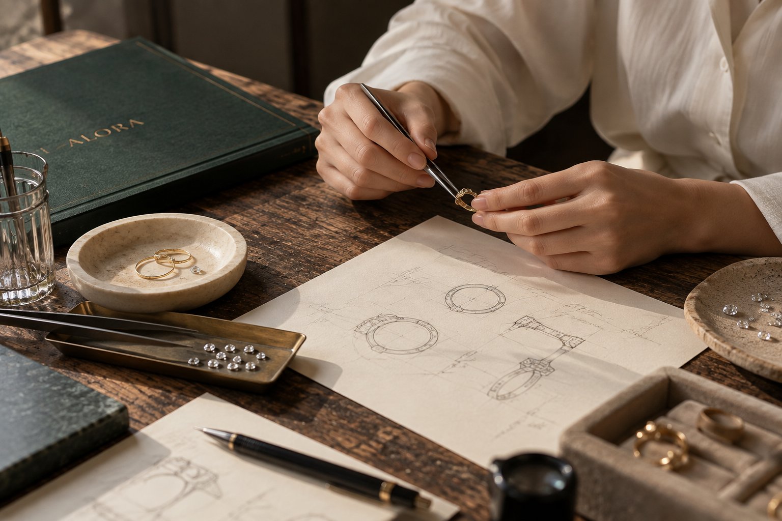 A jeweller sketching a ring design at the bench